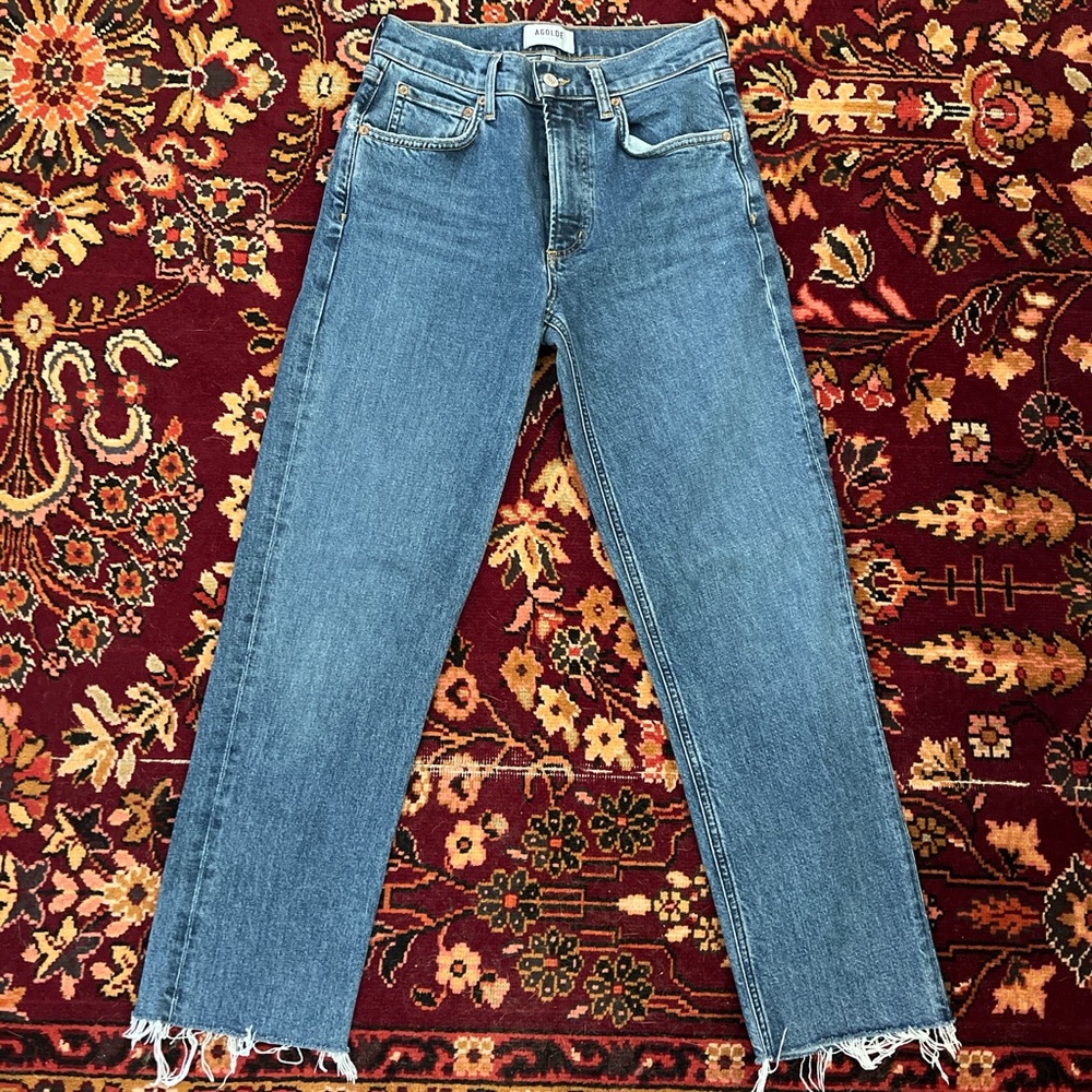 Blue Denim Jeans with Frayed Hem